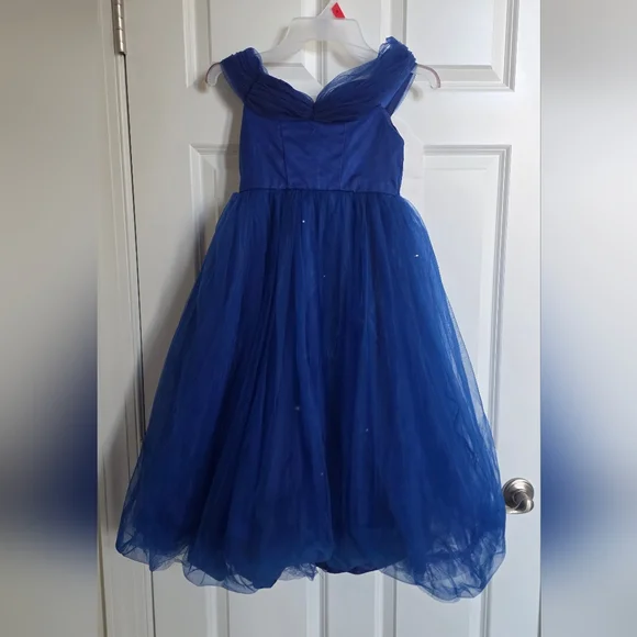 Royal Blue Tulle Party Dress Size 6–7Y Elegant Off-Shoulder Flower Girl Gown - Picture 4 of 9